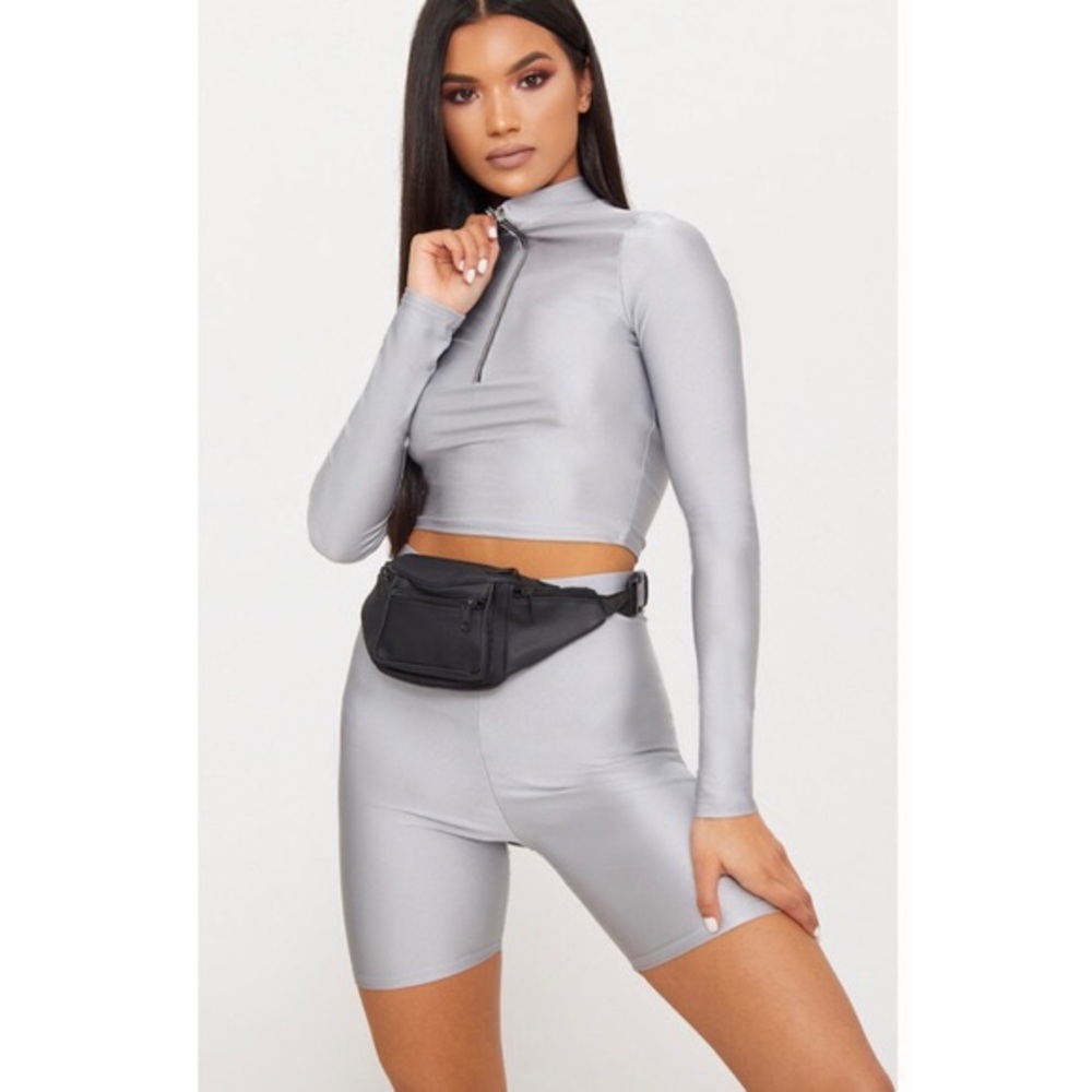 PrettyLittleThing Silver Zip Crop Top